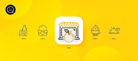 Illustration for Cappuccino cream, Market and Water bottle minimal line icons. Yellow abstract background. Romantic dinner, Ice cream icons. For web, application, printing. Vector - Royalty Free Image