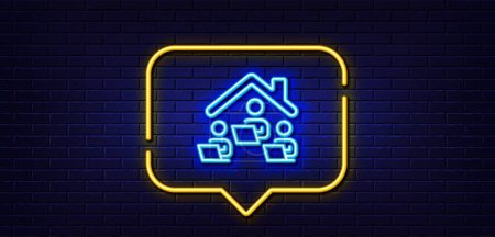 Photo for Neon light speech bubble. Work at home line icon. Teamwork sign. Remote office symbol. Neon light background. Work home glow line. Brick wall banner. Vector - Royalty Free Image