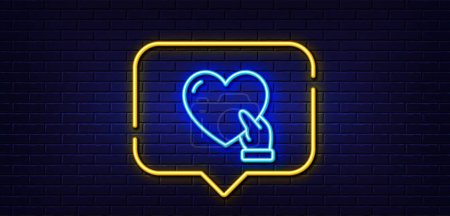 Illustration for Neon light speech bubble. Volunteer care line icon. Helping hand sign. Donation symbol. Neon light background. Volunteer glow line. Brick wall banner. Vector - Royalty Free Image