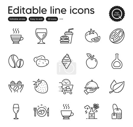 Téléchargez les illustrations : Set of Food and drink outline icons. Contains icons as Apple, Espresso and Ice cream elements. Tomato, Food delivery, Pecan nut web signs. Restaurant food, Tea bag, Strawberry elements. Vector - en licence libre de droit