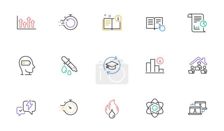 Illustration for Read instruction, Work home and Report line icons for website, printing. Collection of Outsource work, Manual, Fast recovery icons. Timer, Flammable fuel, Weariness web elements. Vector - Royalty Free Image