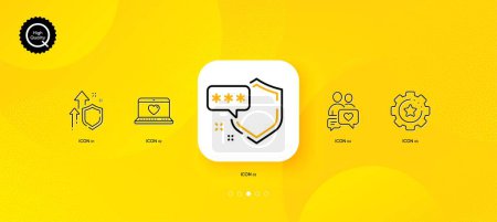 Ilustración de Settings gear, Shield and Dating chat minimal line icons. Yellow abstract background. Web love, Improving safety icons. For web, application, printing. Vector - Imagen libre de derechos