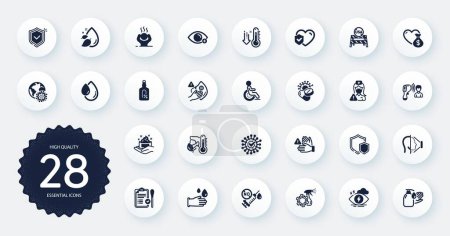 Ilustración de Conjunto de iconos médicos, como enfermera, máscara sucia e iconos planos de estrés. Píldoras contra el Coronavirus, no toque, elementos web gota de agua. Hombre enfermo, Coronavirus, signos de termómetro electrónico. Vector - Imagen libre de derechos