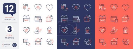 Illustration for Set of Puzzle, Christmas holly and Ice cream line icons. Include Heart, Flight destination, Event click icons. Account, Say yes, Sale offer web elements. Kiss me, Holidays shopping, Sleep. Vector - Royalty Free Image