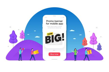 Illustration for Think big banner. Phone ui interface banner. Creative idea concept tag. Business offer icon. Mobile smartphone promo banner. Think big tag. Man with gift box. Vector - Royalty Free Image