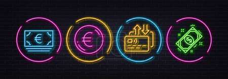 Illustration for Card, Euro currency and Euro money minimal line icons. Neon laser 3d lights. Payment icons. For web, application, printing. Send payment, Eur banking, Currency. Finance. Neon lights buttons. Vector - Royalty Free Image