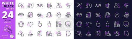 Ilustración de Organic tested, Smile face and Interview documents line icons for website, printing. Collection of Middle finger, Baggage app, Inclusion icons. Buyer think, Save planet. Bicolor outline icon. Vector - Imagen libre de derechos