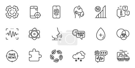 Illustration for Outline set of Quick tips, Fake news and Organic tested line icons for web application. Talk, information, delivery truck outline icon. Include Voice wave, Atom, Puzzle icons. Vector - Royalty Free Image