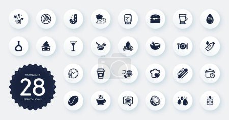 Téléchargez les illustrations : Set of Food and drink icons, such as Chef, Burger and Takeaway coffee flat icons. Hotdog, Water cooler, Coffee beans web elements. Ice cream, Candy, Cognac bottle signs. Hot water, Latte. Vector - en licence libre de droit