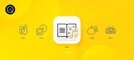 Illustration for Metro, Music book and Painting brush minimal line icons. Yellow abstract background. Sports stadium, Blood donation icons. For web, application, printing. Vector - Royalty Free Image