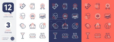 Illustration for Set of 5g upload, Love ticket and Rejected payment line icons. Include Justice scales, Face search, Winner ribbon icons. Martini glass, Chemistry lab, Smile web elements. Burger. Vector - Royalty Free Image