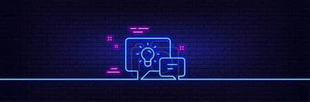 Illustration for Neon light glow effect. Idea lamp with Speech bubbles line icon. Communication sign. Light bulb symbol. 3d line neon glow icon. Brick wall banner. Idea lamp outline. Vector - Royalty Free Image