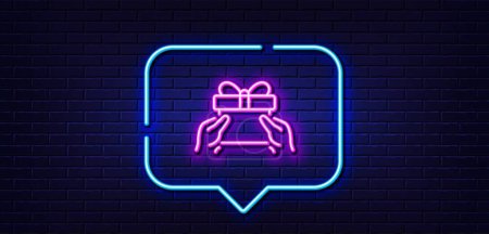 Illustration for Neon light speech bubble. Give a Gift box line icon. Present or Sale sign. Birthday Shopping symbol. Package in Gift Wrap. Neon light background. Give present glow line. Brick wall banner. Vector - Royalty Free Image