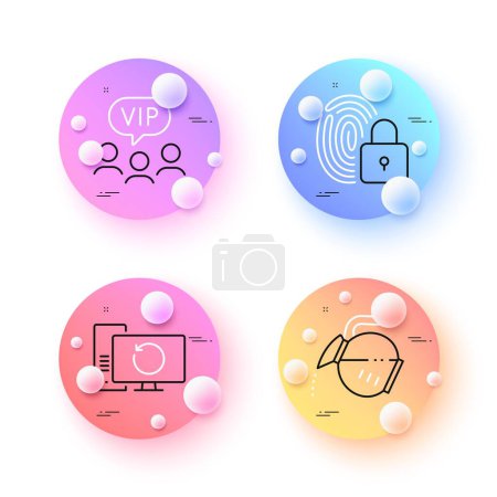 Téléchargez les illustrations : Recovery computer, Coffee pot and Vip clients minimal line icons. 3d spheres or balls buttons. Lock icons. For web, application, printing. Backup info, Tea drink, Exclusive privilege. Vector - en licence libre de droit