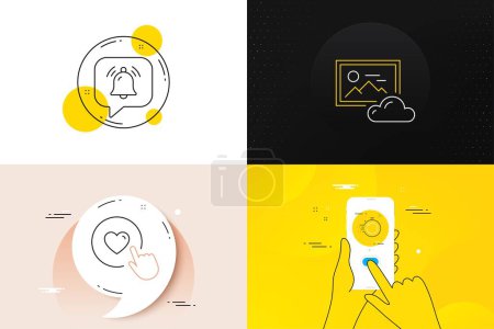 Téléchargez les illustrations : Minimal set of Notification bubble, Fast recovery and Like button line icons. Phone screen, Quote banners. Photo cloud icons. For web development. Bell, Backup timer, Press love. Image hub. Vector - en licence libre de droit
