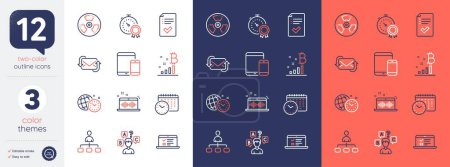 Illustration for Set of Time management, Approved checklist and Refresh mail line icons. Include Quiz test, Chemical hazard, Calendar time icons. Bitcoin graph, Mobile devices, Management web elements. Vector - Royalty Free Image