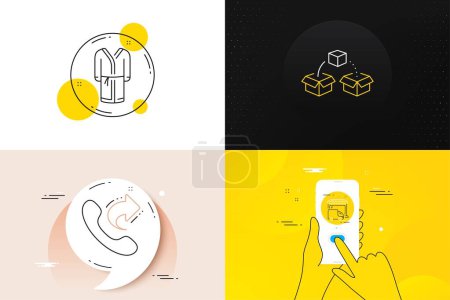 Téléchargez les illustrations : Minimal set of Parcel shipping, Share call and Delivery truck line icons. Phone screen, Quote banners. Bathrobe icons. For web development. Send box, Phone support, Store transport. Vector - en licence libre de droit