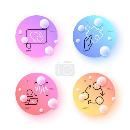 Puzzle, Teamwork and Love letter minimal line icons. 3d spheres or balls buttons. Voice wave icons. For web, application, printing. Jigsaw game, Business conference, Heart. Sound identity. Vector