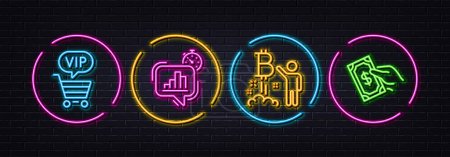 Téléchargez les illustrations : Vip shopping, Bitcoin project and Statistics timer minimal line icons. Neon laser 3d lights. Pay money icons. For web, application, printing. Vector - en licence libre de droit