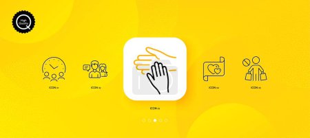 Illustration for Meeting time, Volunteer and Stop shopping minimal line icons. Yellow abstract background. People talking, Love letter icons. For web, application, printing. Vector - Royalty Free Image