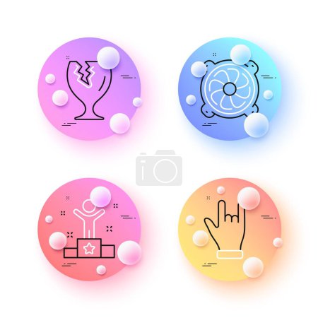 Illustration for Computer fan, Winner and Horns hand minimal line icons. 3d spheres or balls buttons. Fragile package icons. For web, application, printing. Pc ventilator, Success award, Gesture palm. Vector - Royalty Free Image