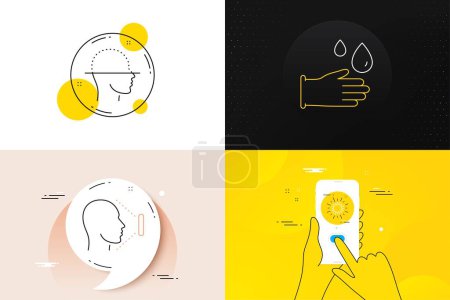 Illustration for Minimal set of Rubber gloves, Coronavirus and Face scanning line icons. Phone screen, Quote banners. Face id icons. For web development. Hygiene equipment, Infection, Faces detection. Vector - Royalty Free Image