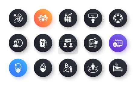 Ilustración de Minimal set of Bitcoin project, Augmented reality and Working hours flat icons for web development. Consulting business, Sick man, Fake information icons. Dirty mask, Business statistics. Vector - Imagen libre de derechos