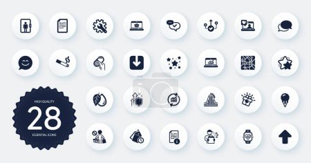 Téléchargez les illustrations : Set of Business icons, such as Friends chat, Star and Manual flat icons. Smoking, Stars, Ice cream web elements. Improving safety, Correct way, Upload signs. Approved, Update data. Vector - en licence libre de droit