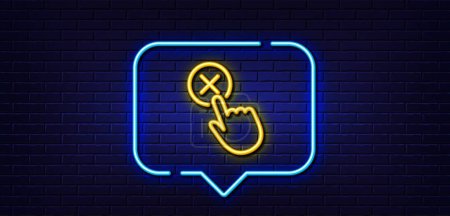 Illustration for Neon light speech bubble. Reject click line icon. Decline or remove button sign. Neon light background. Reject click glow line. Brick wall banner. Vector - Royalty Free Image