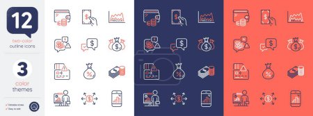 Téléchargez les illustrations : Set of Savings, Check investment and Payment received line icons. Include Card, Teacher, Graph phone icons. Trade chart, Wallet, Receive money web elements. Loan, Stress, Dollar exchange. Vector - en licence libre de droit