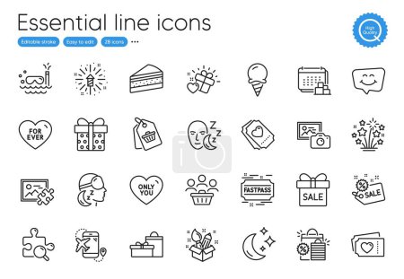 Téléchargez les illustrations : Sleep, Ice cream and Sale line icons. Collection of Delivery, Insomnia, Gifts icons. For ever, Search puzzle, Shopping bags web elements. Creativity, Sale offer, Fireworks explosion. Vector - en licence libre de droit