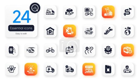 Illustration for Set of Transportation flat icons. Transport insurance, Lighthouse and Road elements for web application. Delivery timer, Shuttle bus, Ambulance car icons. Canister oil, Food delivery. Vector - Royalty Free Image