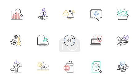 Téléchargez les illustrations : Search document, Search and Confirmed flight line icons for website, printing. Collection of Income money, Piano, Hand washing icons. Attention bell, Travel passport, Skin care web elements. Vector - en licence libre de droit