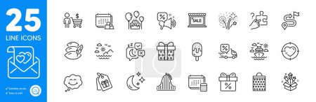 Illustration for Outline icons set. Discount offer, Sale and Account icons. Pillow, Moon, Love letter web elements. Smile, Gift box, Heart target signs. Roller coaster, Coupons, Delivery discount. Sleep. Vector - Royalty Free Image