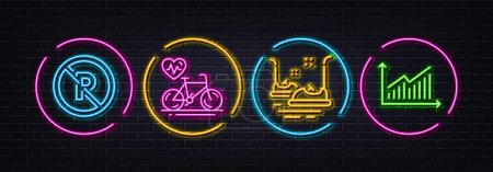 Illustration for Cardio bike, Bumper cars and No parking minimal line icons. Neon laser 3d lights. Graph icons. For web, application, printing. Fitness bicycle, Carousels, Car park. Presentation diagram. Vector - Royalty Free Image