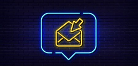Illustration for Neon light speech bubble. Open Mail line icon. View Message correspondence sign. E-mail symbol. Neon light background. Open Mail glow line. Brick wall banner. Vector - Royalty Free Image