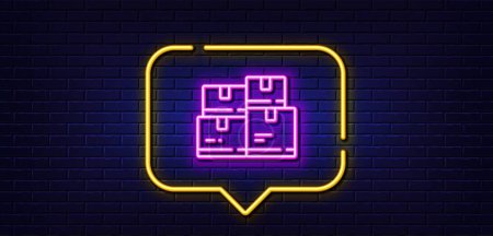 Illustration for Neon light speech bubble. Wholesale inventory line icon. Warehouse boxes sign. Logistic goods symbol. Neon light background. Wholesale inventory glow line. Brick wall banner. Vector - Royalty Free Image