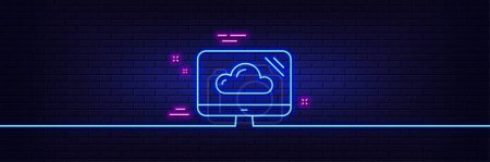 Illustration for Neon light glow effect. Computer line icon. Cloud storage service sign. Monitor symbol. 3d line neon glow icon. Brick wall banner. Cloud storage outline. Vector - Royalty Free Image