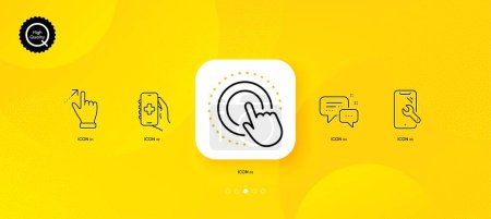 Ilustración de Smartphone repair, Employees messenger and Touchscreen gesture minimal line icons. Yellow abstract background. Click hand, Health app icons. For web, application, printing. Vector - Imagen libre de derechos