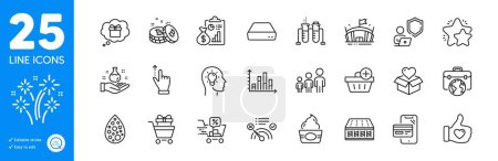Illustration for Outline icons set. Ice cream, Artificial colors and Gift dream icons. Star, Add purchase, Arena web elements. Mini pc, Idea head, Mattress signs. Chemistry lab, Business hierarchy. Vector - Royalty Free Image