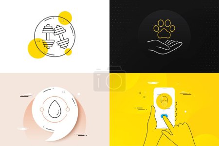 Téléchargez les illustrations : Minimal set of Cold-pressed oil, Pets care and Dumbbells line icons. Phone screen, Quote banners. Sick man icons. For web development. Organic tested, Shelter, Workout. Epidemic protection. Vector - en licence libre de droit