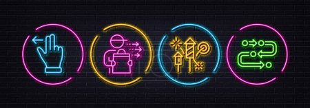 Illustration for Fireworks rocket, Food delivery and Touchscreen gesture minimal line icons. Neon laser 3d lights. Methodology icons. For web, application, printing. Pyrotechnic salute, Courier, Slide left. Vector - Royalty Free Image