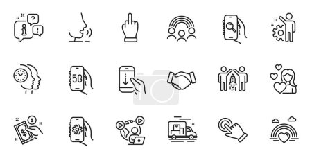 Illustration for Outline set of Partnership, Video conference and Inclusion line icons for web application. Talk, information, delivery truck outline icon. Include Middle finger, Employee, Search app icons. Vector - Royalty Free Image