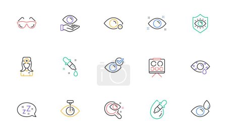 Illustration for Optometry, Eye doctor line icons. Medical laser surgery, glasses and eyedropper. Pink eye, Cataract surgery and allergy icons. Optician board, oculist chart. Linear set. Vector - Royalty Free Image