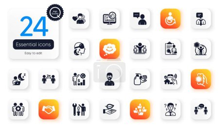Téléchargez les illustrations : Set of People flat icons. Coronavirus protection, Support consultant and Like video elements for web application. Share, Teamwork, Man love icons. Inspect, Covid app, Employees wealth elements. Vector - en licence libre de droit