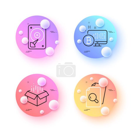 Téléchargez les illustrations : Open box, Inspect and Bitcoin system minimal line icons. 3d spheres or balls buttons. Hdd icons. For web, application, printing. Delivery package, Search document, Cryptocurrency monitor. Vector - en licence libre de droit