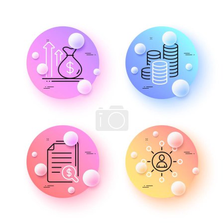 Illustration for Networking, Financial documents and Budget minimal line icons. 3d spheres or balls buttons. Coins icons. For web, application, printing. Business communication, Check docs, Money profit. Vector - Royalty Free Image