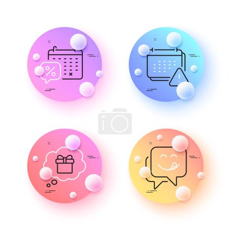 Téléchargez les illustrations : Notification, Discounts calendar and Gift dream minimal line icons. 3d spheres or balls buttons. Yummy smile icons. For web, application, printing. Calendar warning, Sale month, Receive a gift. Vector - en licence libre de droit