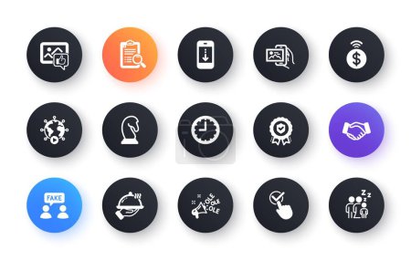 Ilustración de Minimal set of Marketing strategy, Handshake and Ole chant flat icons for web development. Insurance medal, Scroll down, Contactless payment icons. Checkbox, Like photo. Vector - Imagen libre de derechos