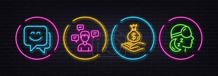 Illustration for Conversation messages, Smile face and Income money minimal line icons. Neon laser 3d lights. Insomnia icons. For web, application, printing. Communication, Chat, Savings. Sleeping goggles. Vector - Royalty Free Image